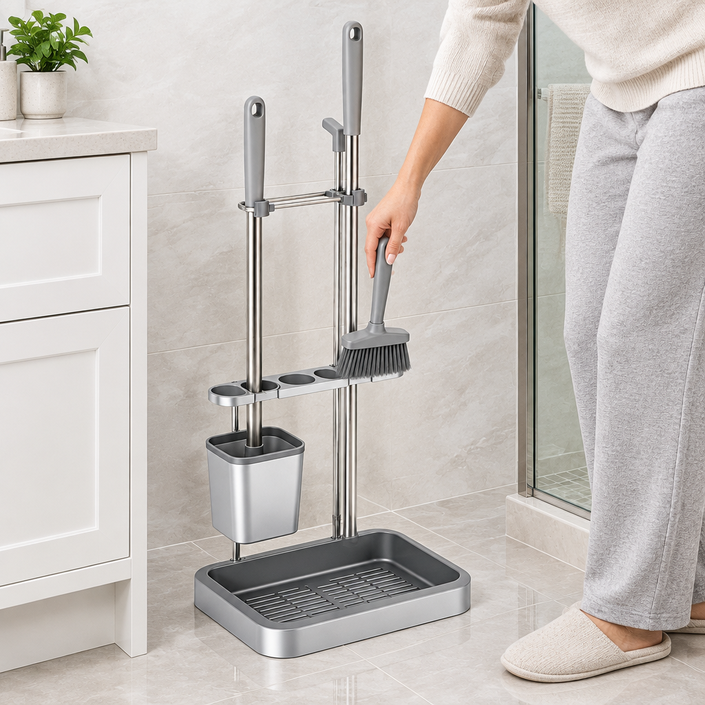 Person returning brush to freestanding cleaning station