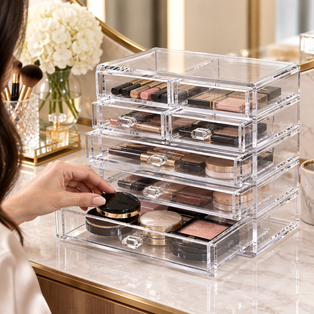 Person opening drawer of clear beauty organizer