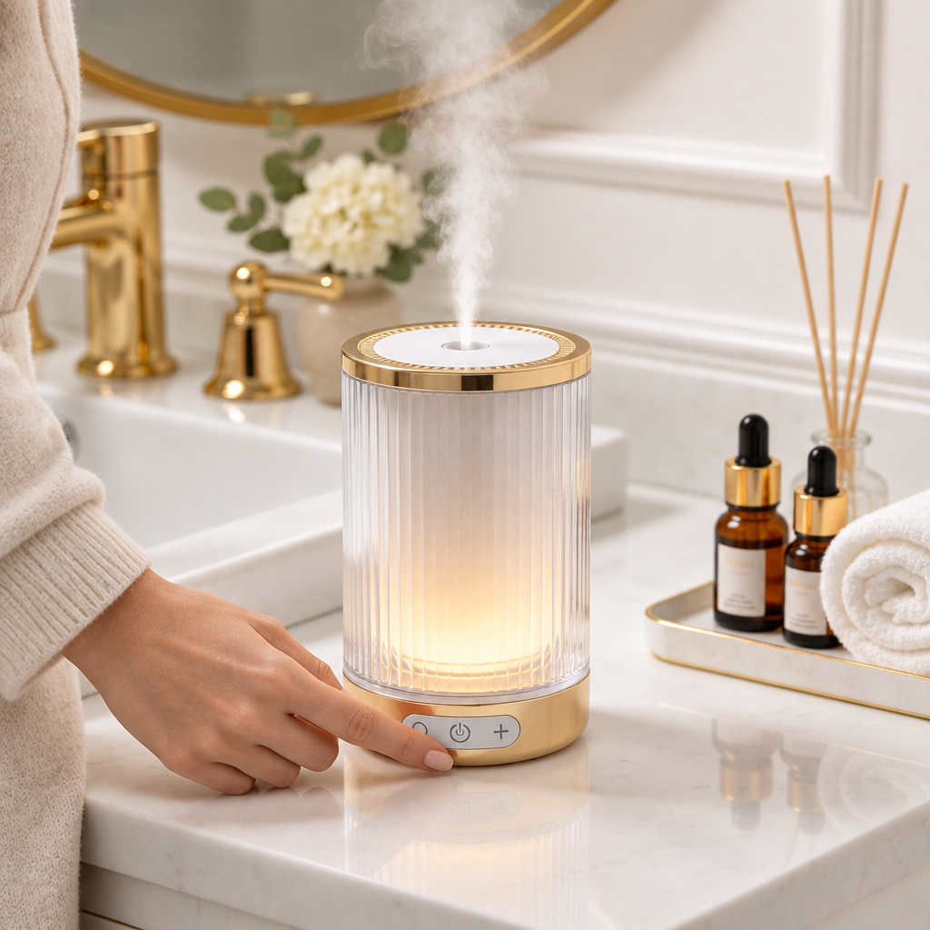 Person pressing diffuser control on bathroom vanity