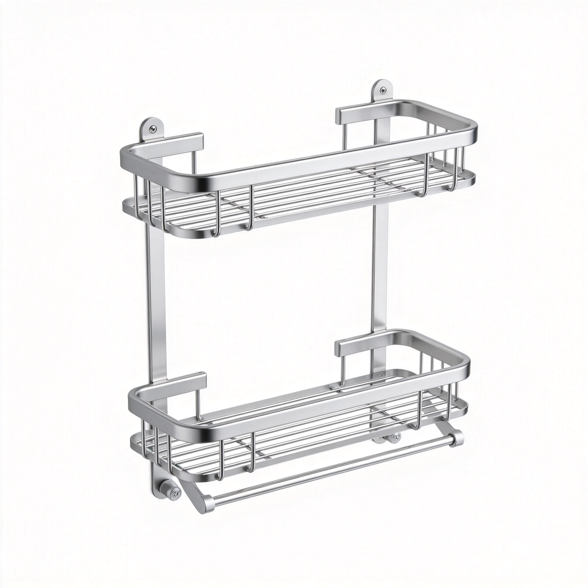 Silver-tone two-tier wall-mounted shower shelf with wire baskets