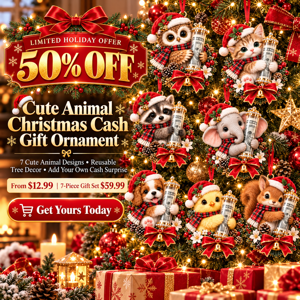 🎊 50% OFF – Cute Animal Christmas Cash Gift Ornament 🎊 | Creative Holiday Tree Decoration