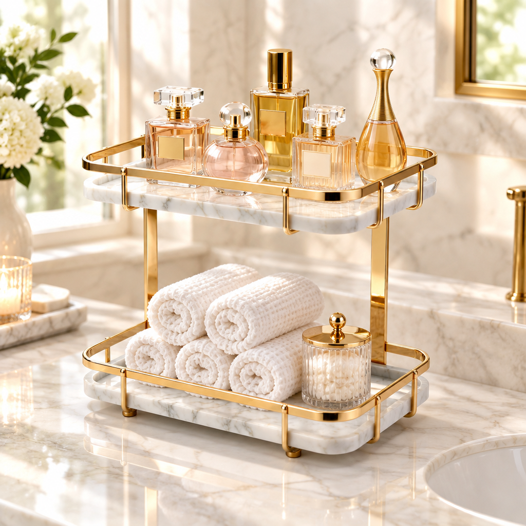 Two-tier display stand styled on bathroom vanity