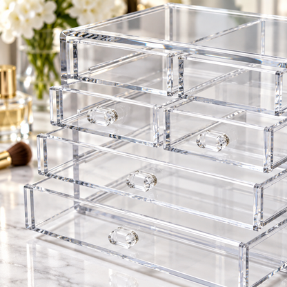 Close-up of clear drawer and transparent knob