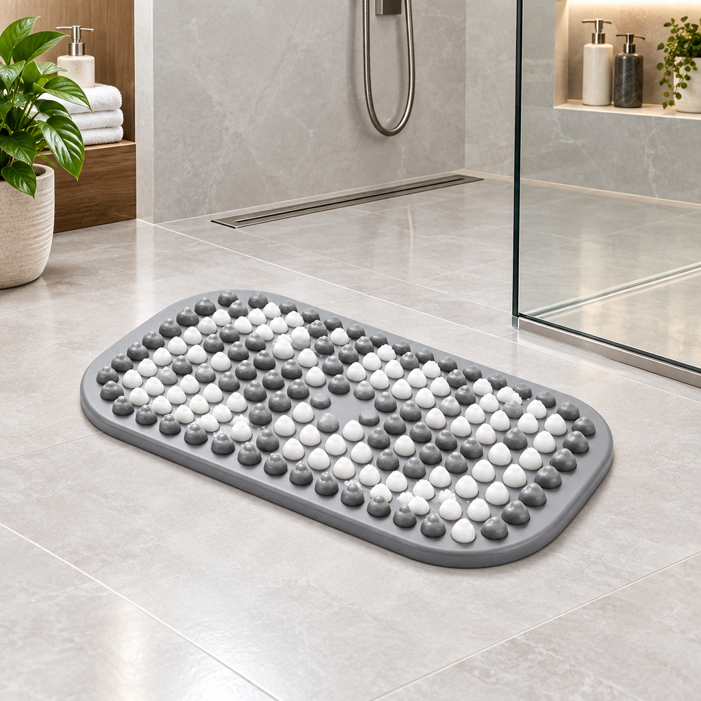 Textured bath mat in modern walk-in shower