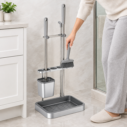 Person returning brush to freestanding cleaning station