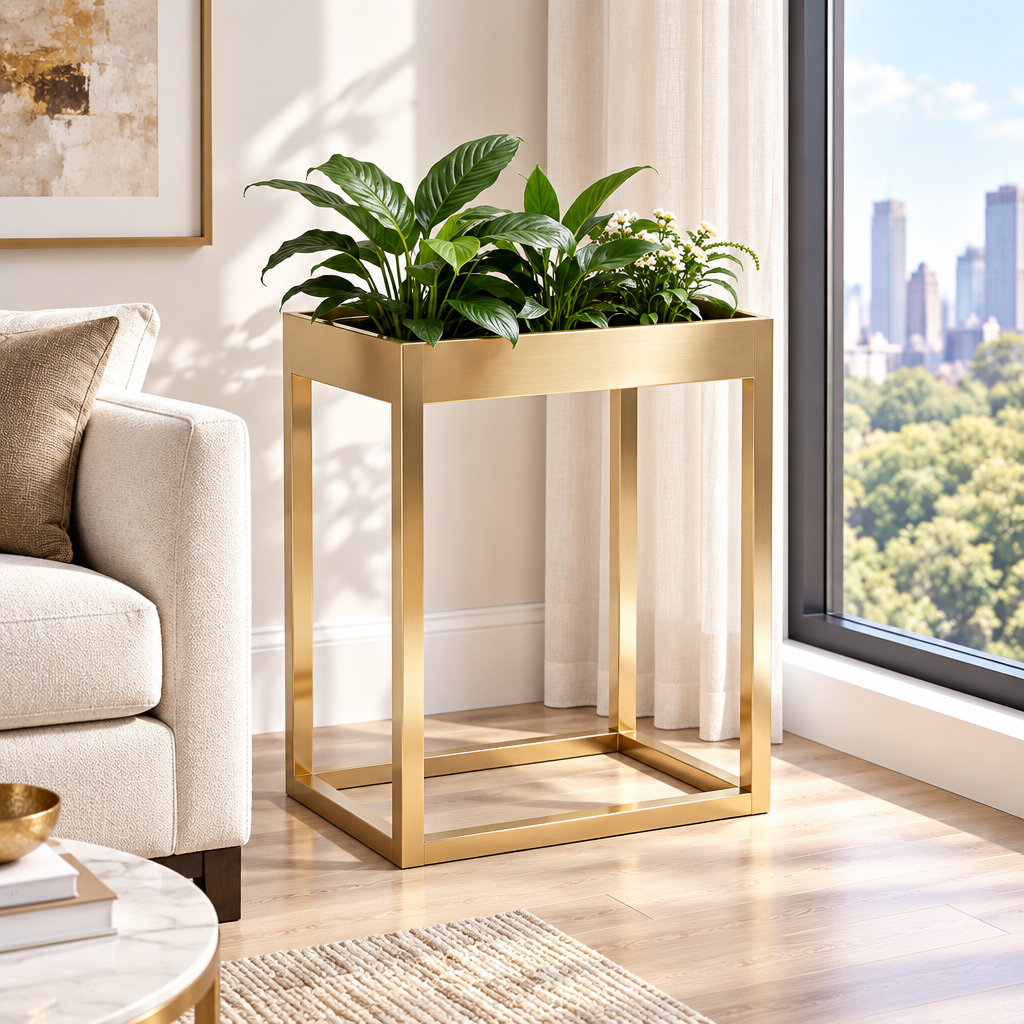 Gold-tone planter stand in bright living room