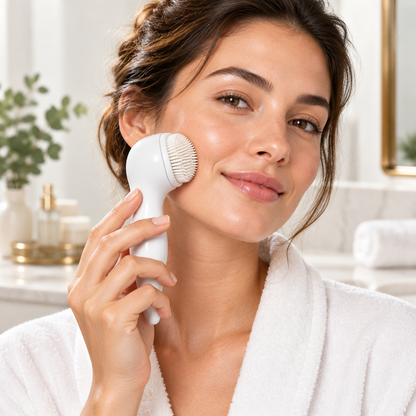 Woman using facial cleansing brush on cheek