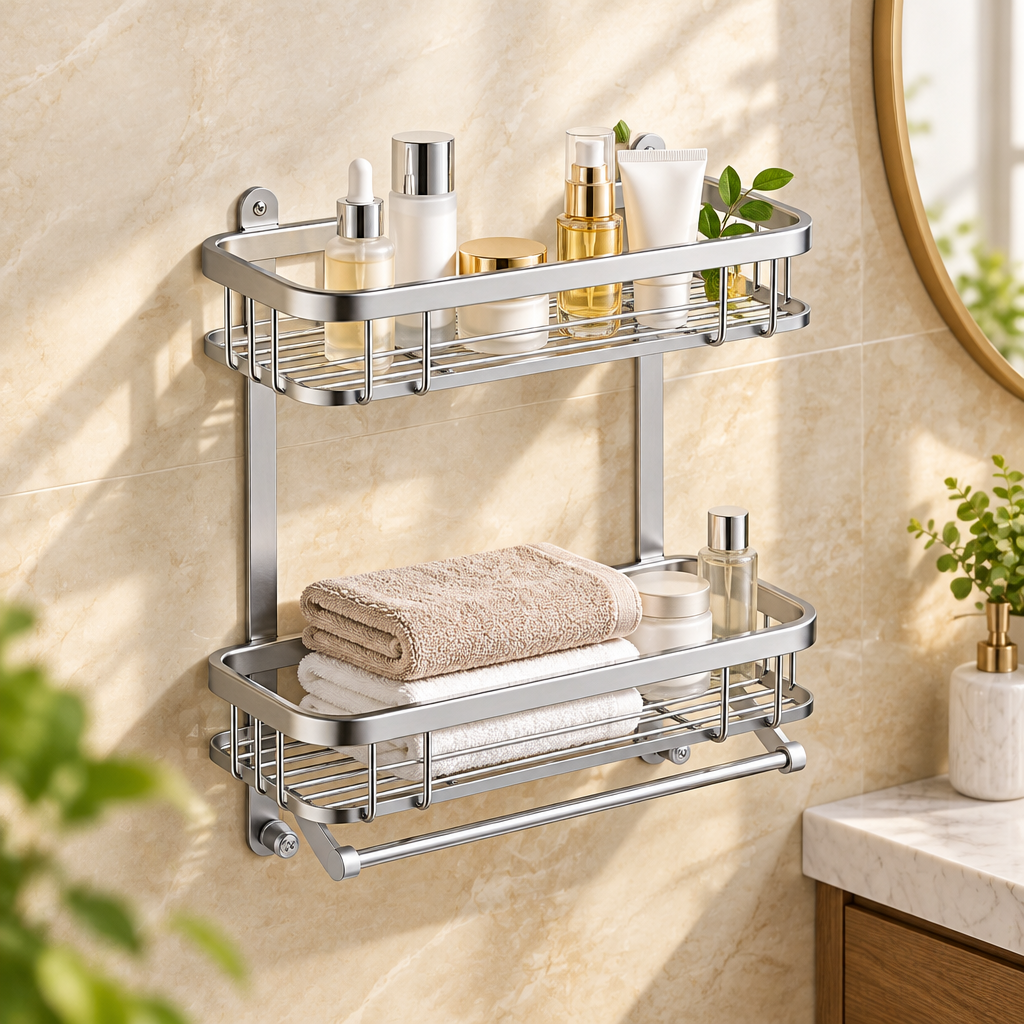 Shower shelf near bathroom vanity