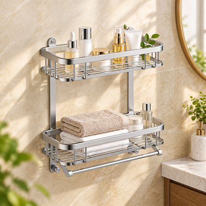 Shower shelf near bathroom vanity