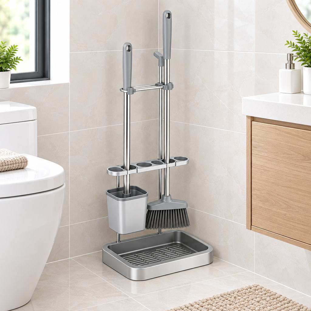 Cleaning station in compact apartment bathroom