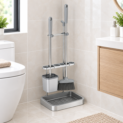 Cleaning station in compact apartment bathroom