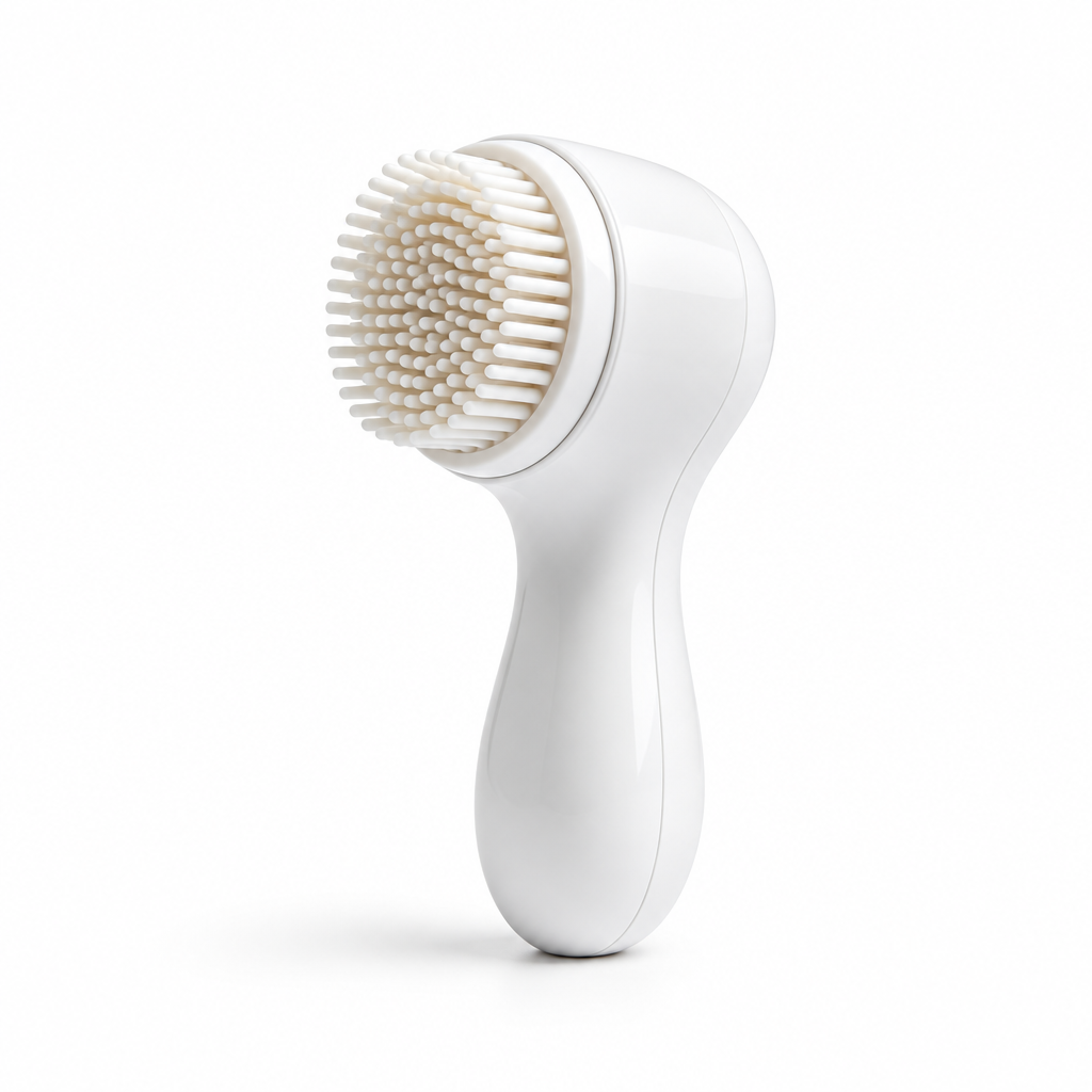 White facial cleansing brush on white background
