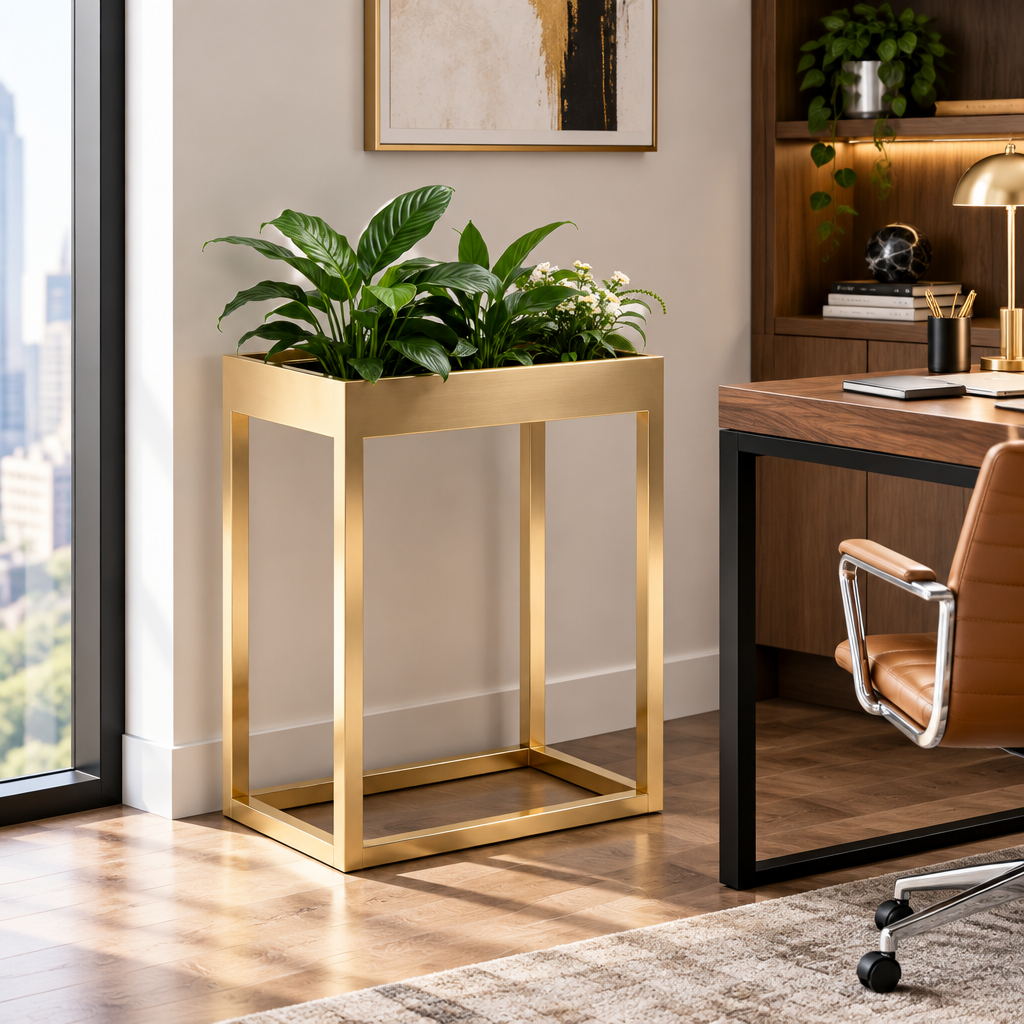 Gold-tone planter stand in home office