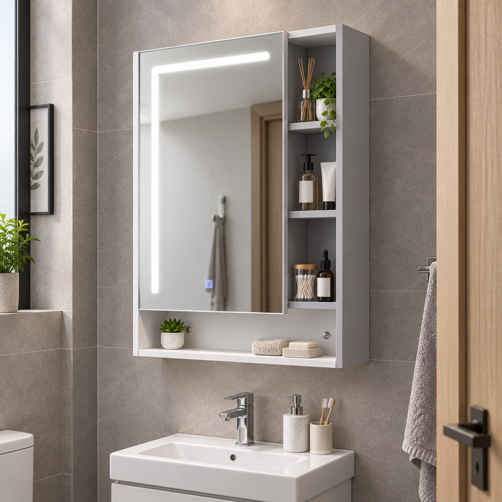 Mirror cabinet in compact apartment bathroom