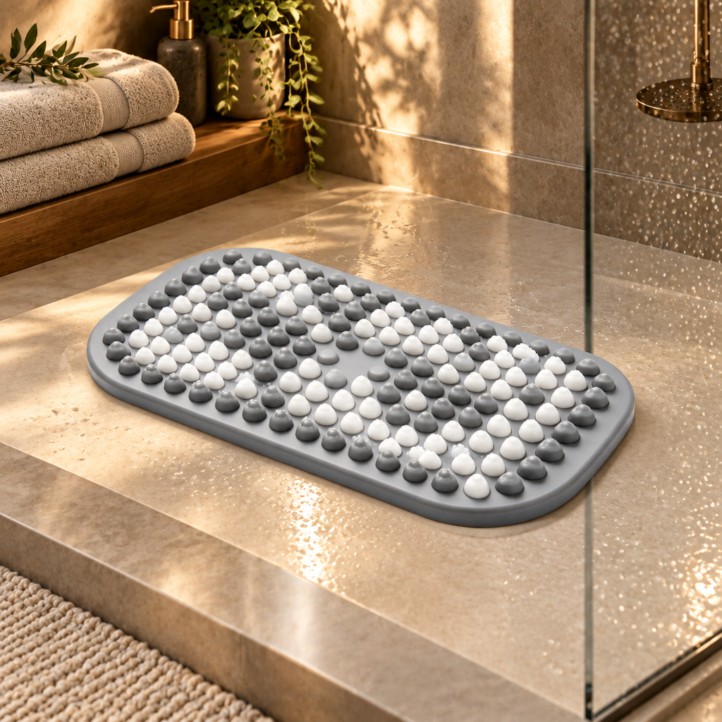 Bath mat in spa-inspired bathroom