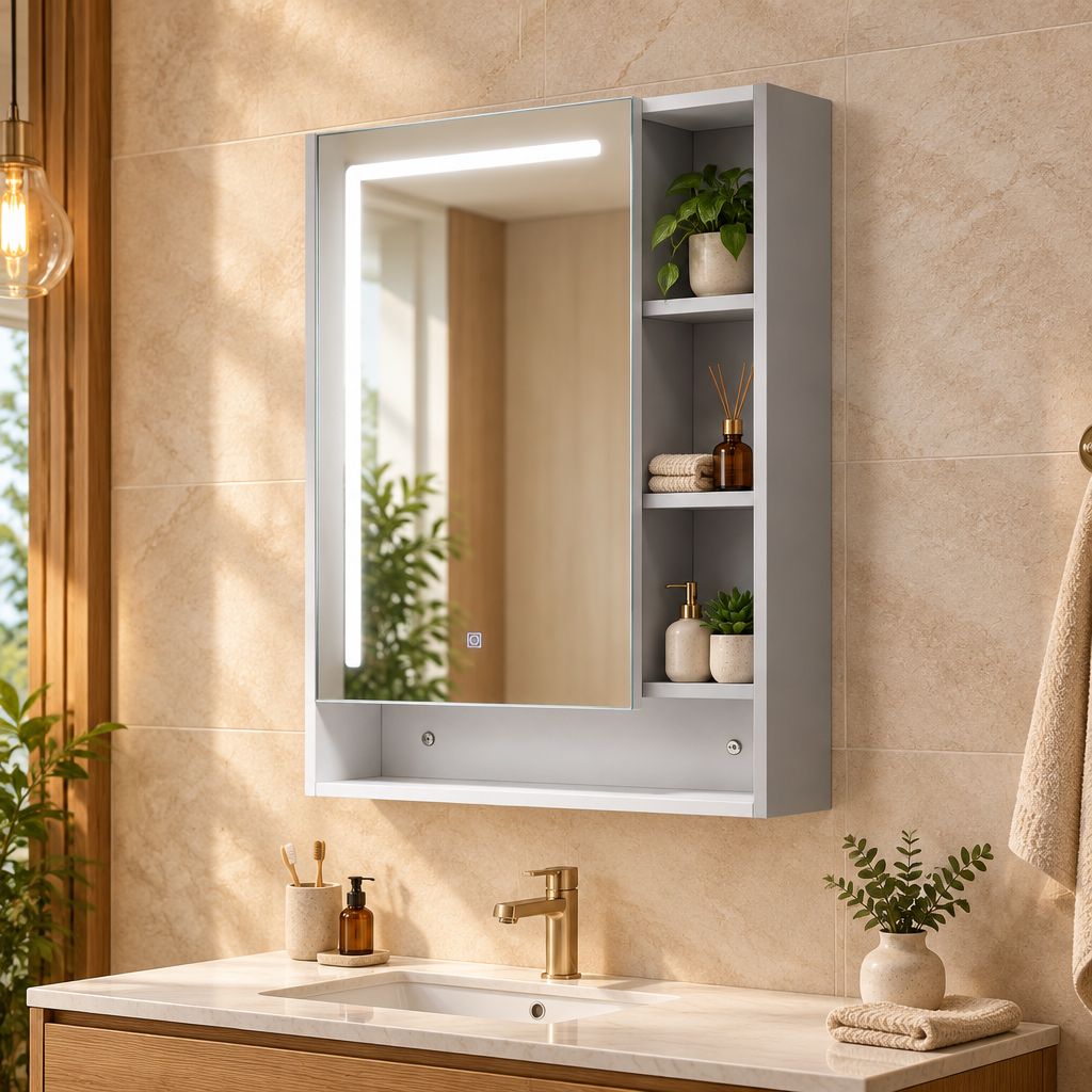 Illuminated mirror cabinet in spa-inspired bathroom