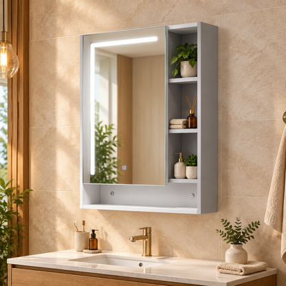 Illuminated mirror cabinet in spa-inspired bathroom