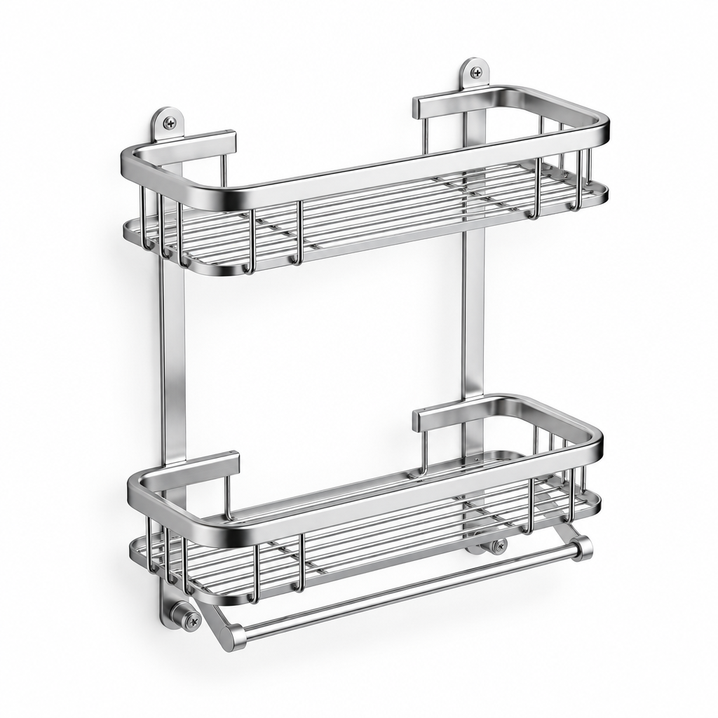 Two-tier silver-tone shower shelf on white background