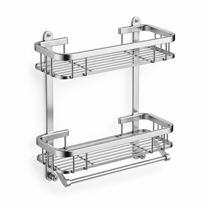 Two-tier silver-tone shower shelf on white background