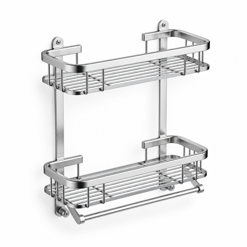Two-tier silver-tone shower shelf on white background