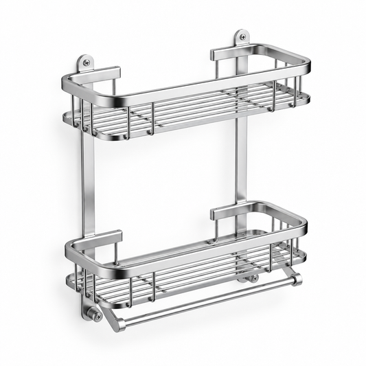 Two-tier silver-tone shower shelf on white background
