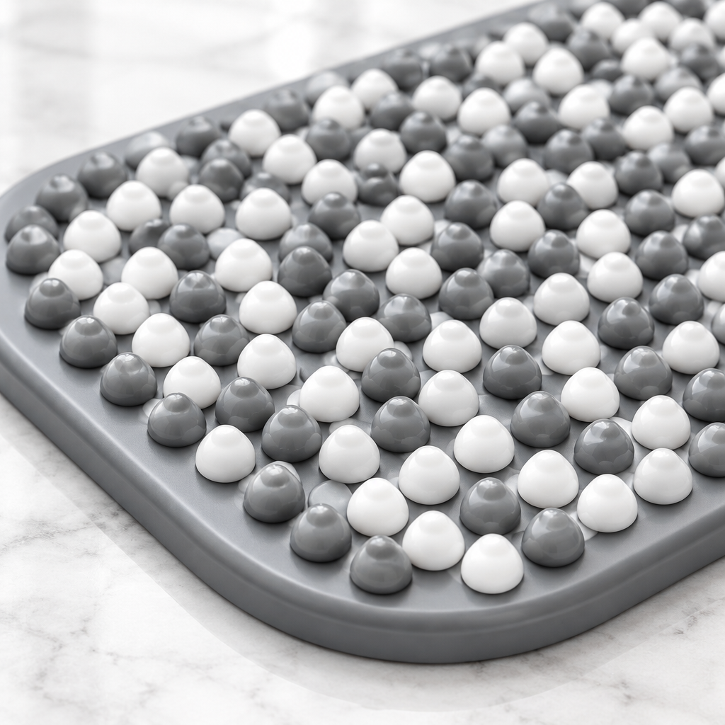 Close-up of gray and white raised bath mat bumps