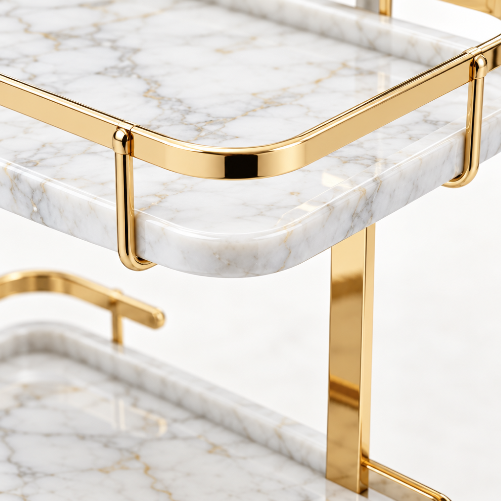Close-up of marble-look tray and gold-tone rail
