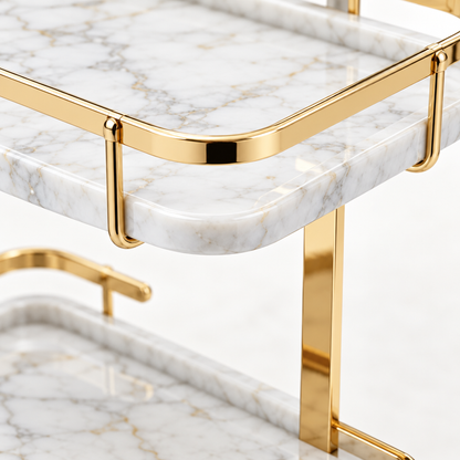 Close-up of marble-look tray and gold-tone rail