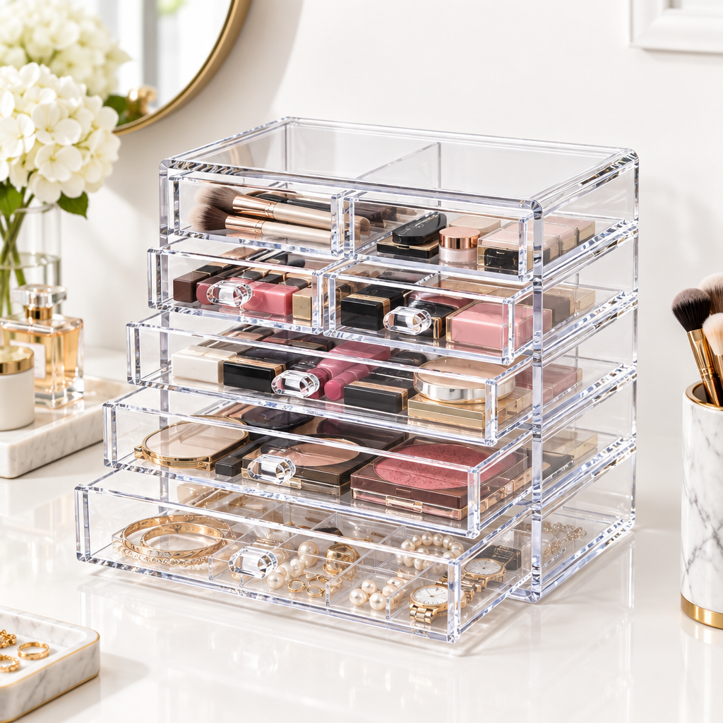 Clear beauty organizer in home beauty station