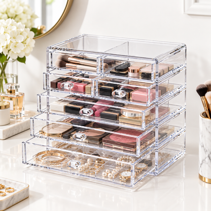 Clear beauty organizer in home beauty station