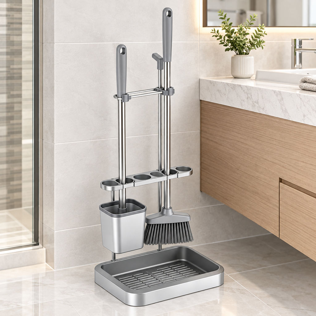 Cleaning station beside bathroom vanity