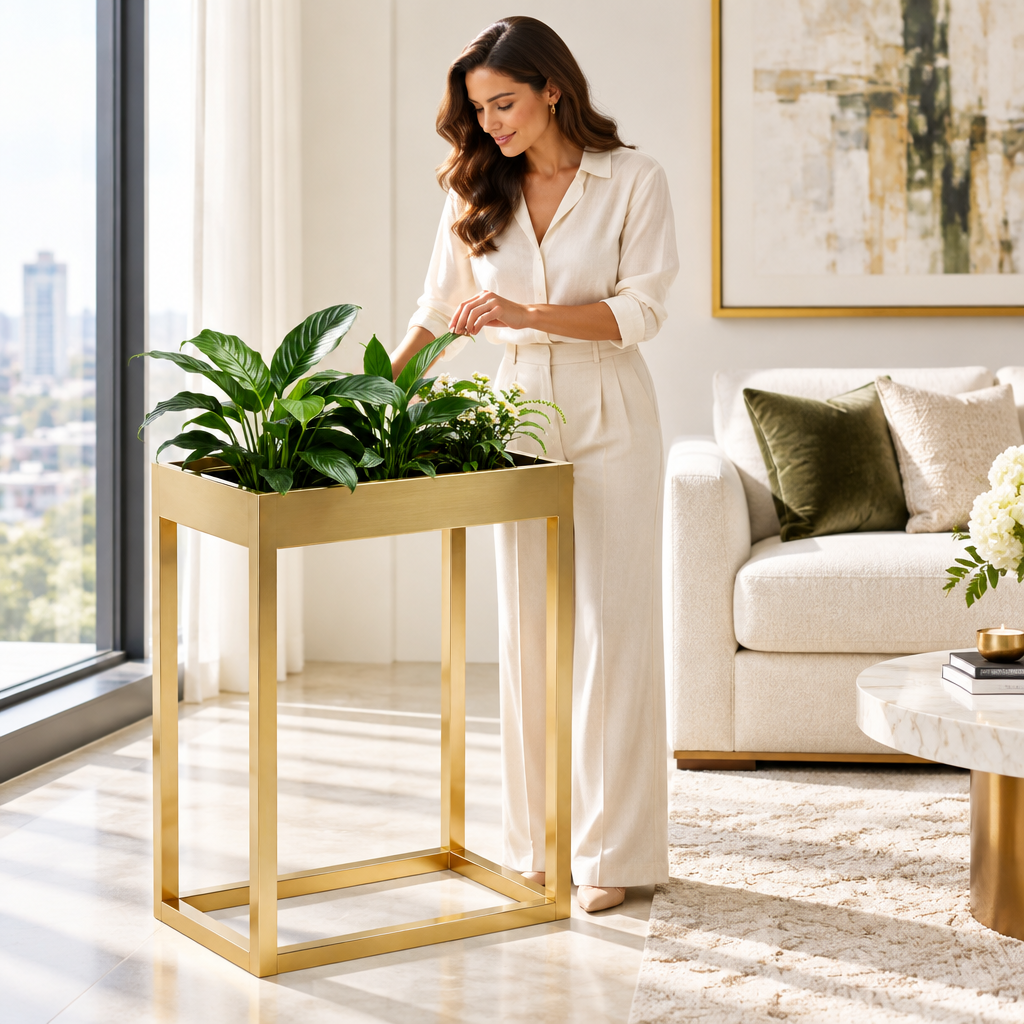 Woman arranging leaves in gold-tone planter stand