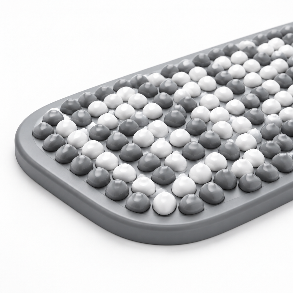 Close-up of rounded corner and gray border of bath mat