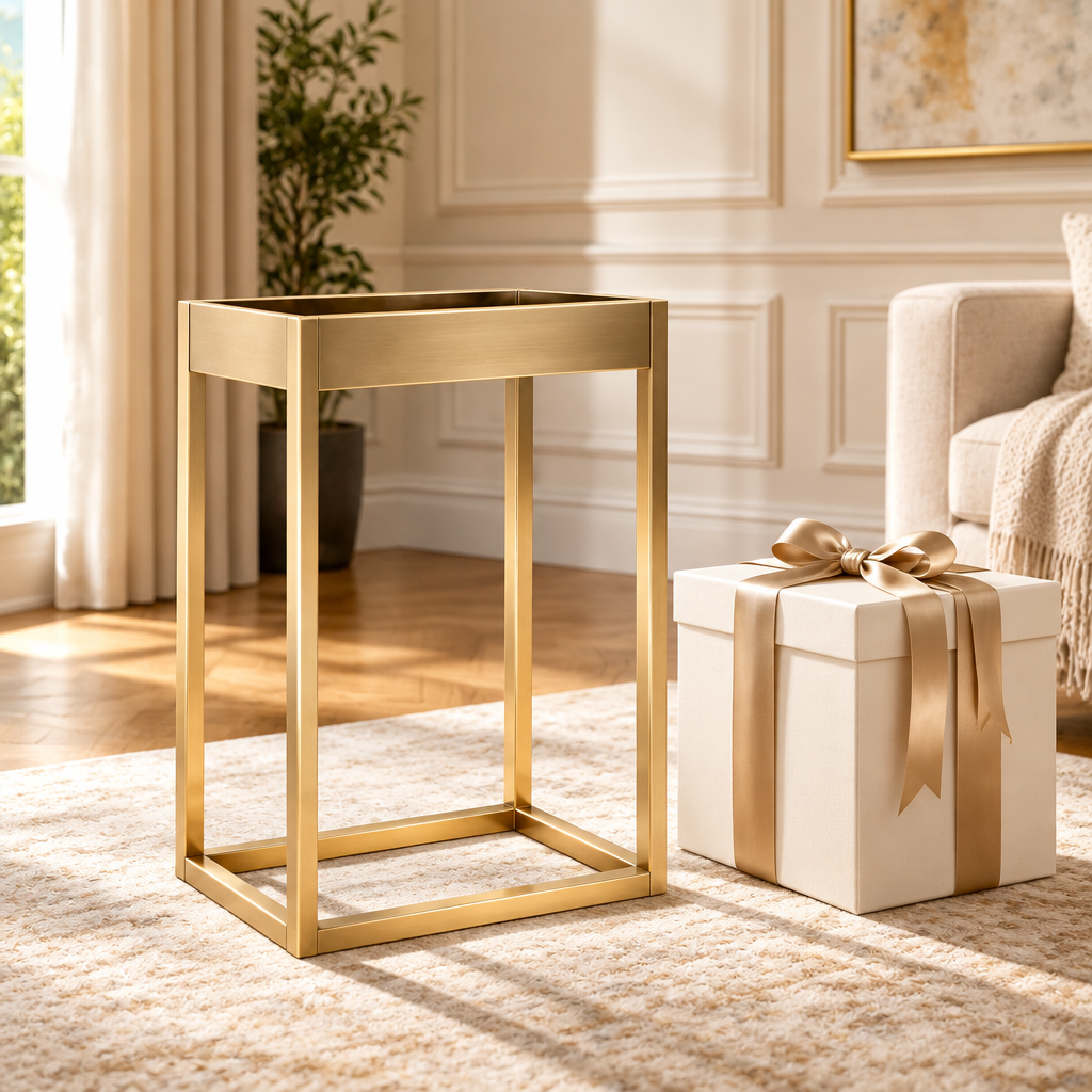 Concept image of planter stand beside a gift box