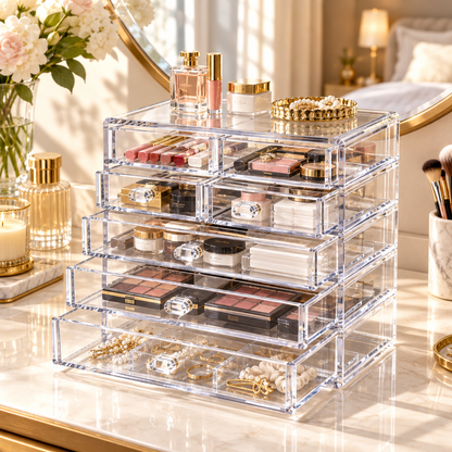 Clear beauty organizer on bedroom dressing table