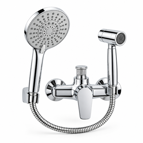 Dual handheld shower set on white background