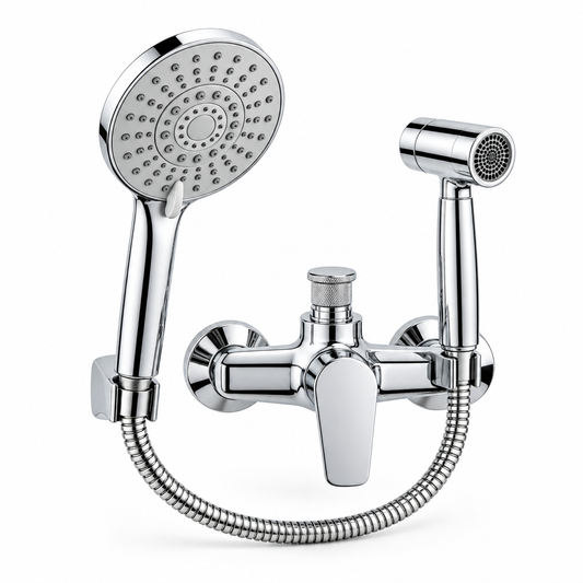 Dual handheld shower set on white background