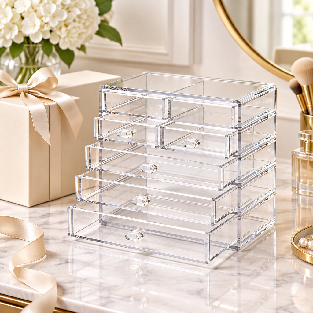 Concept gift styling of clear beauty organizer