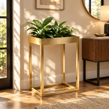 Gold-tone planter stand in apartment entryway