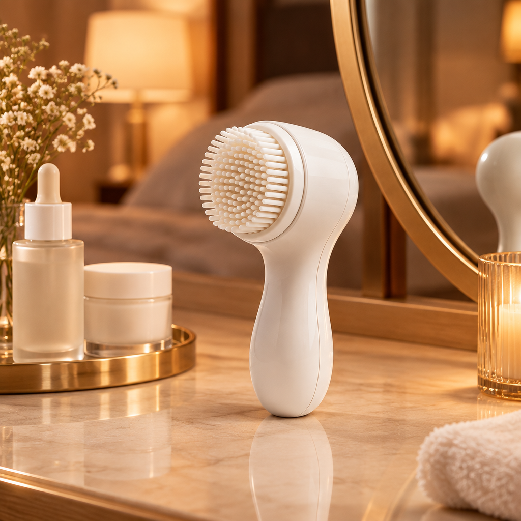 Facial cleansing brush on evening vanity