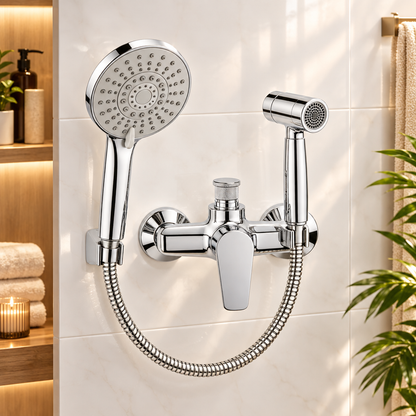 Shower set in spa-style bathroom