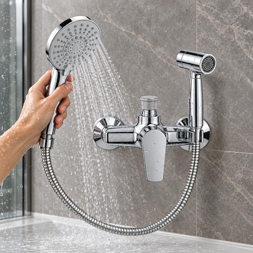Person holding large handheld shower head