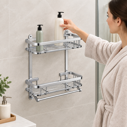 Person placing shampoo in upper basket of shower shelf