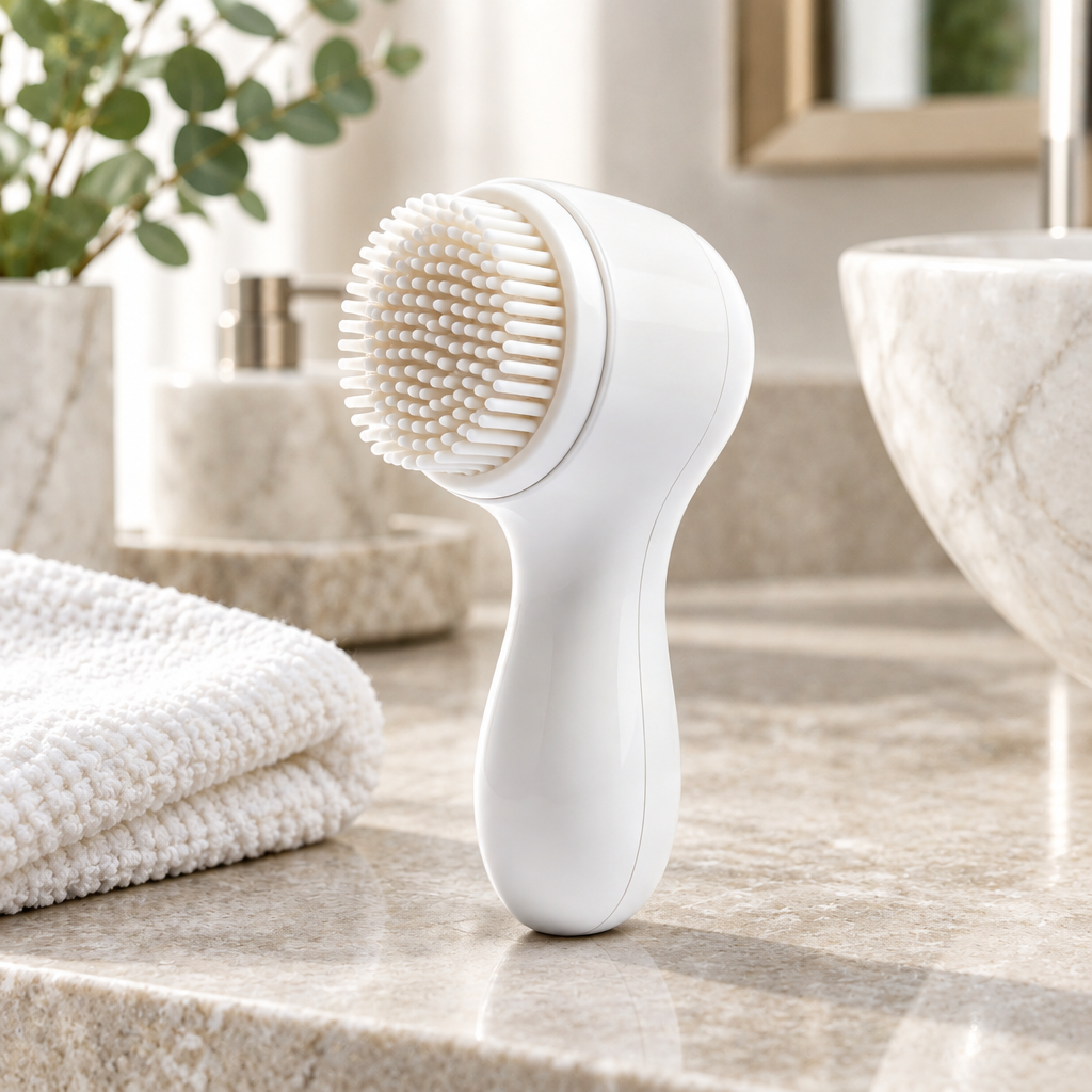Facial cleansing brush on spa-inspired counter