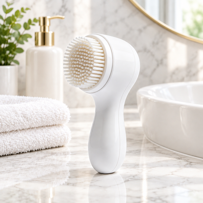 Facial cleansing brush on bathroom vanity