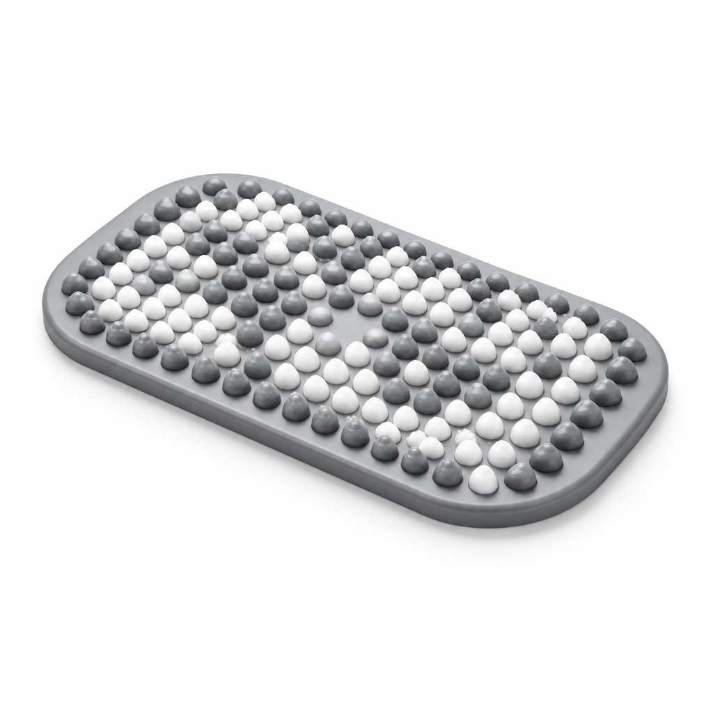 Gray and white textured bath mat on white background