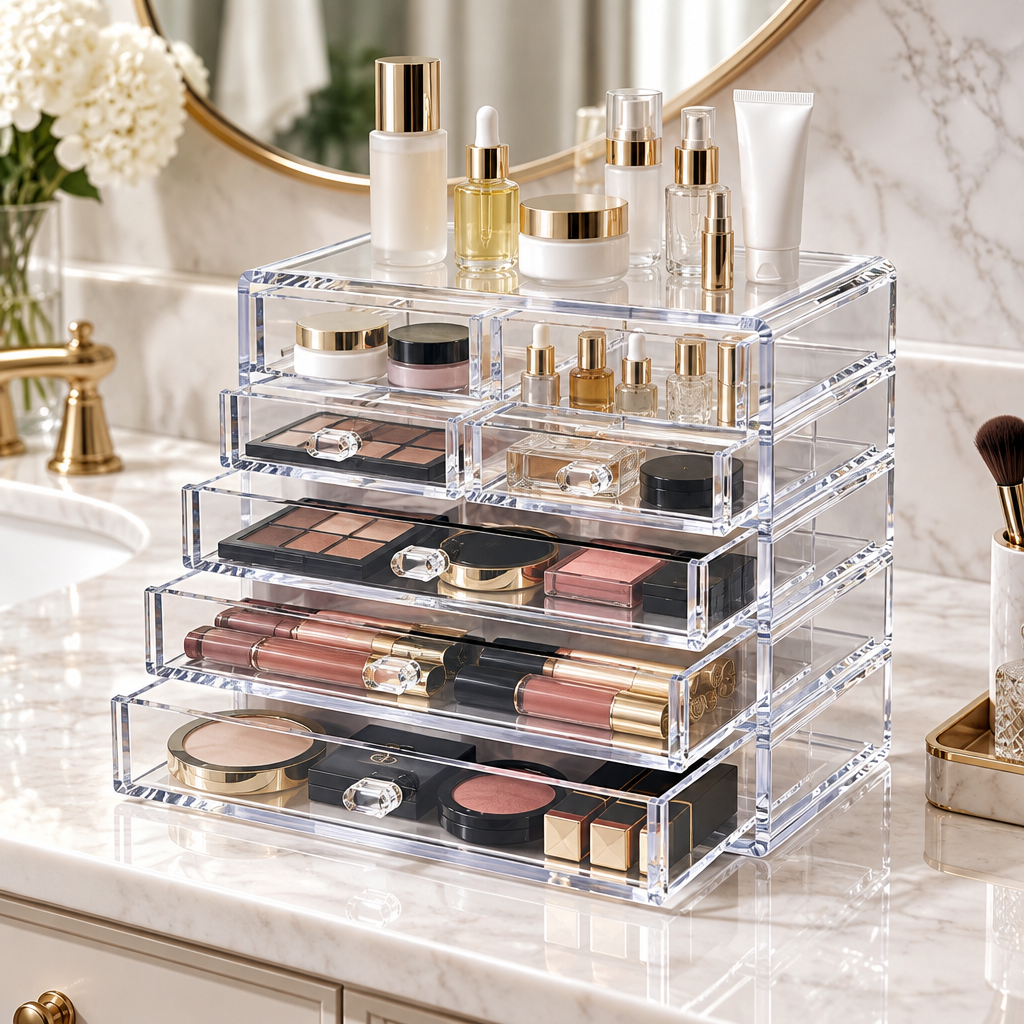 Clear beauty organizer on bathroom vanity