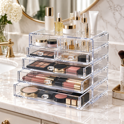 Clear beauty organizer on bathroom vanity