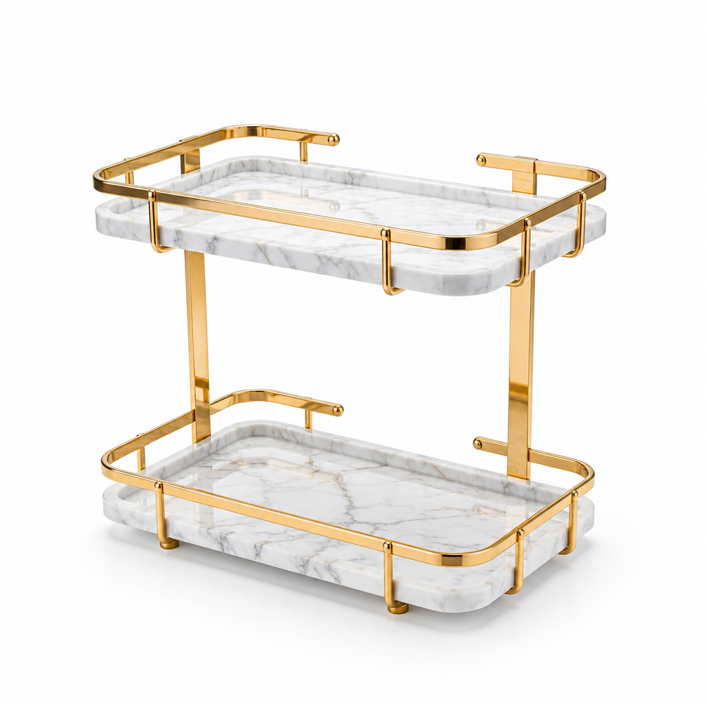 Two-tier marble-look and gold-tone display stand on white