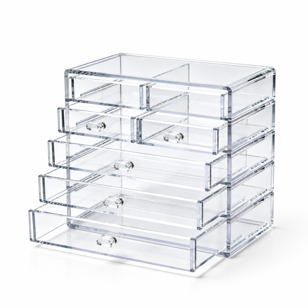 Clear multi-drawer beauty organizer on white background